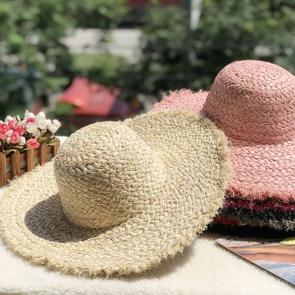 

2019 new style lafite straw cap beach hat diy big cap brim color dome hat fcmlfc-154-1, Blue;gray