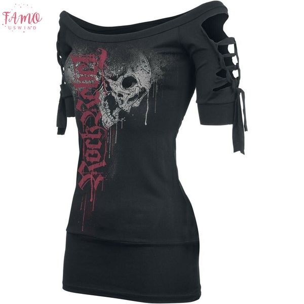 

skull printed women 2019 spring clothes cool black t shirt slash slit plus size women g6, White