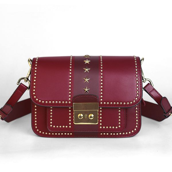 

leather women's bag 2019 new fashion european and american shoulder slung women's bag striped contrast rivet small square