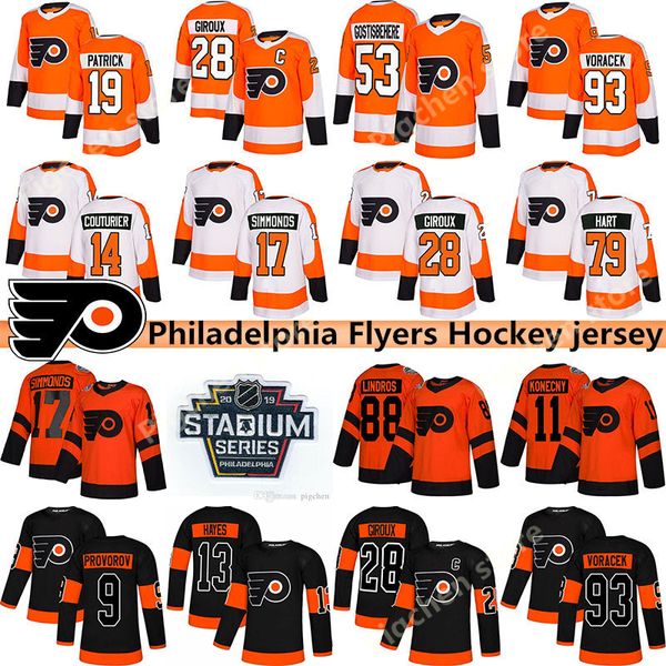 

philadelphia flyers hockey 28 claude giroux 79 carter hart 13 kevin hayes 19 nolan patrick 88 eric lindros 00 gritty hockey jersey, Black;red