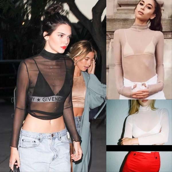 

high collar women's long-sleeved slim t- tulle perspective base shirt slim t-shirt solid color soft inner and outer wear underpants spe, White