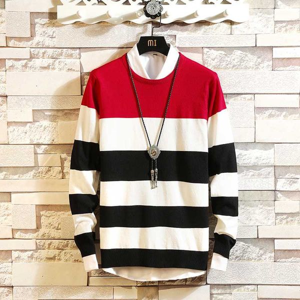 

autumn new fashion striped color round neck sweater, trendy men korean version of the slim trend youth pullover sweater, White;black