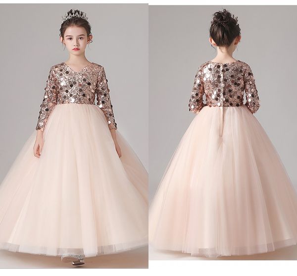 Bling Rose Gold Ballkleid Blumenmädchenkleider 2020 Strass Pailletten V-Ausschnitt Langarm-Mädchen-Festzug-Kleid Erstkommunion Graduatio