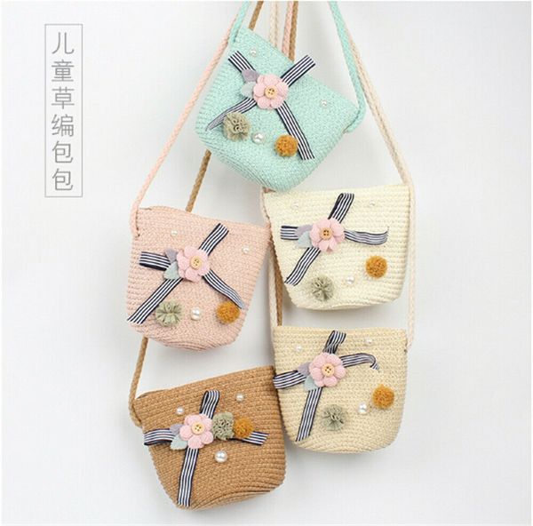 

2019 fashion children straw beach handbag cute messenger bag kids shoulder bag coin purse, White