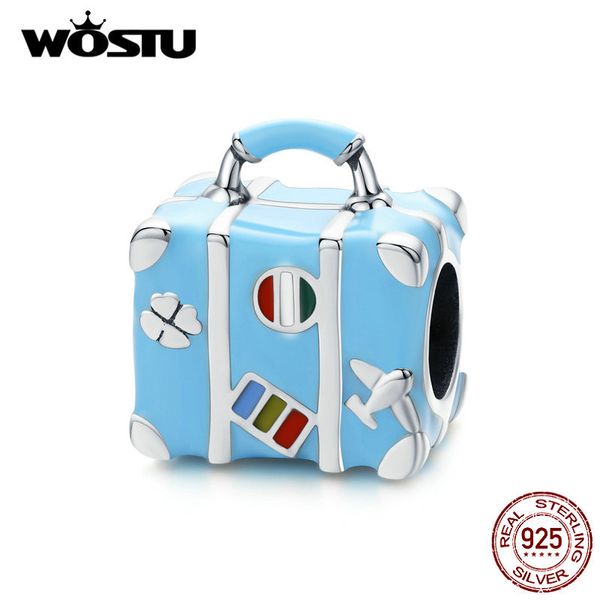 

wostu нового способа стерлингового серебра 925 чемодан багажа синий бисер fit оригинальный браслет шарм подвеска изготовление ювелирных изде, Blue;slivery