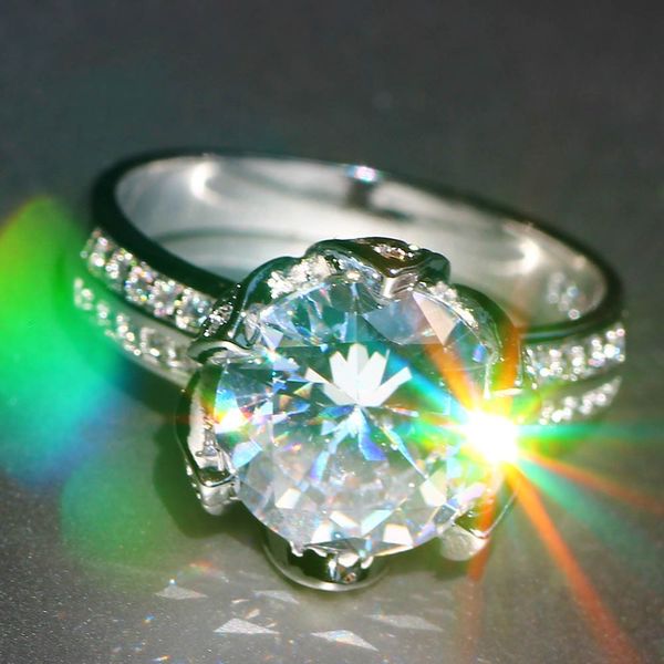 Anello in vero fiore di loto in argento sterling 100% s925 Anello rotondo in platino con diamante simulato da 2 carati per gioielli da donna