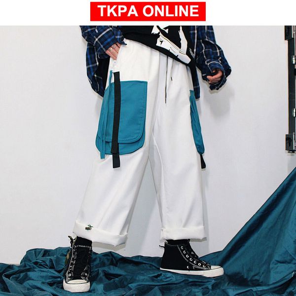 

color block streetwear cargo pants men 2020 mens hip hop joggers pants couple harajuku loose trousers belt sweatpants, Black