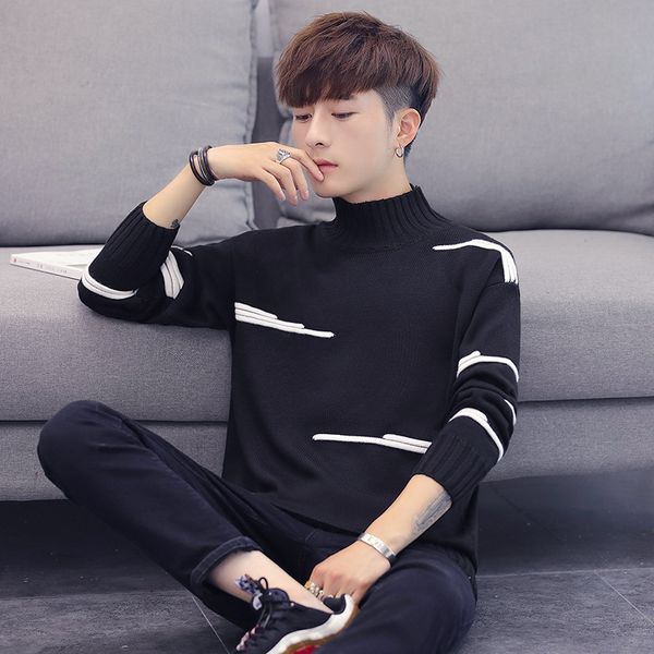 

мужчины свитера половина высокий воротник мода теплый свитер полоса повседневная водолазка свитер мужчины пуловеры, White;black