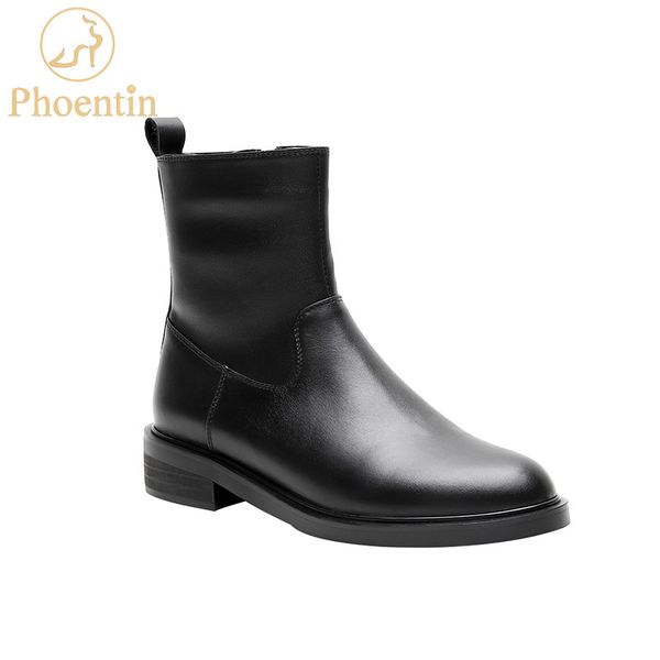 

phoentin low heeled boots women genuine leather 2020 new arrival short boots flat heels british ladies shoes zip ft829, Black