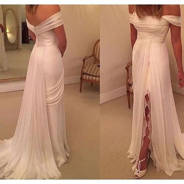 

chiffon beach wedding dresses gown side split lace applique pleated with sleeves off the shoulder boho wedding bridal gowns long, White