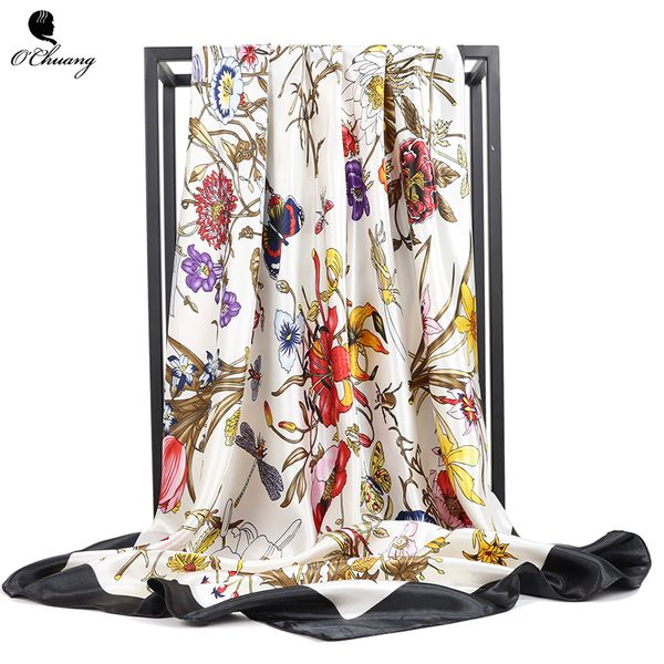 

satin silk scarf women fashion print female scarfs for ladies shawls large hijab head scarves square 90cmx90cm, Blue;gray