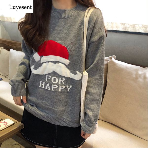 

christmas hat cute beard women pullover sweater 2019 lady gray black letter knit winter fashion streetwear korean jumpers, White;black