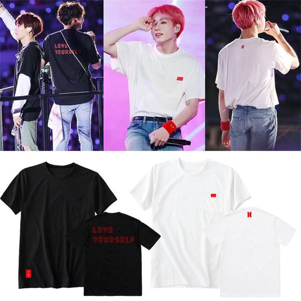 

fashion kpop bts love yourself world tour t-shirt jungkook v concert loose cotton shirt tee, White