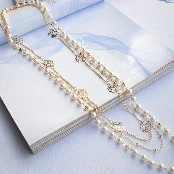

korean style women multilayer long pearl necklace pendant sweater chain body jewelry, Silver