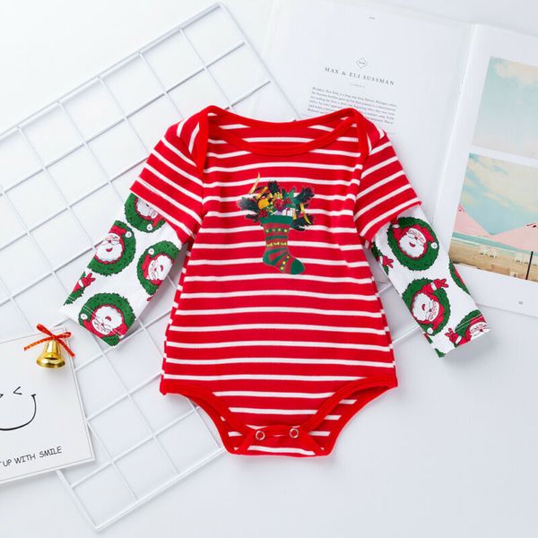 

2019 canis autumn infant baby boys girl kids christmas xmas long sleeve bodysuit striped patchwok holiday clothes, Blue