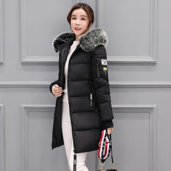 

fashion 2018 winter women fur collar long hoodie down jacket plus size long hooded duck down thick parka coats women parkas, Black