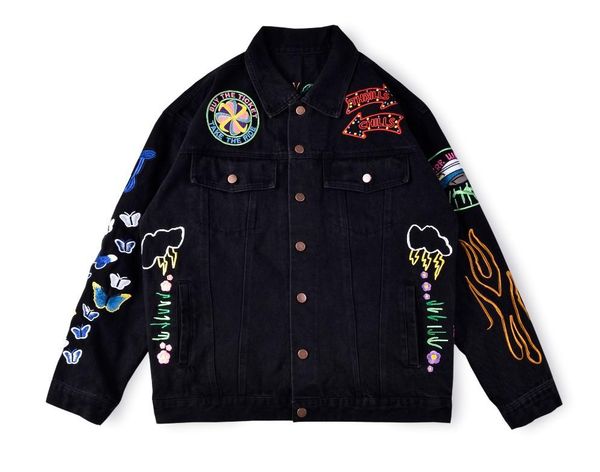 

мужские куртки дизайнер трэвис скотт astrowrld джинсовая куртка омывается вышивки ретро мода high street motorcycle high street casual outwe, Black;brown