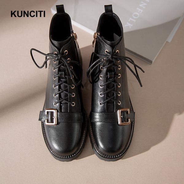 

2020 kunciti superstar genuine leather boots round toe buckled lace up ankle boots short plush winter fashion shoes d016, Black