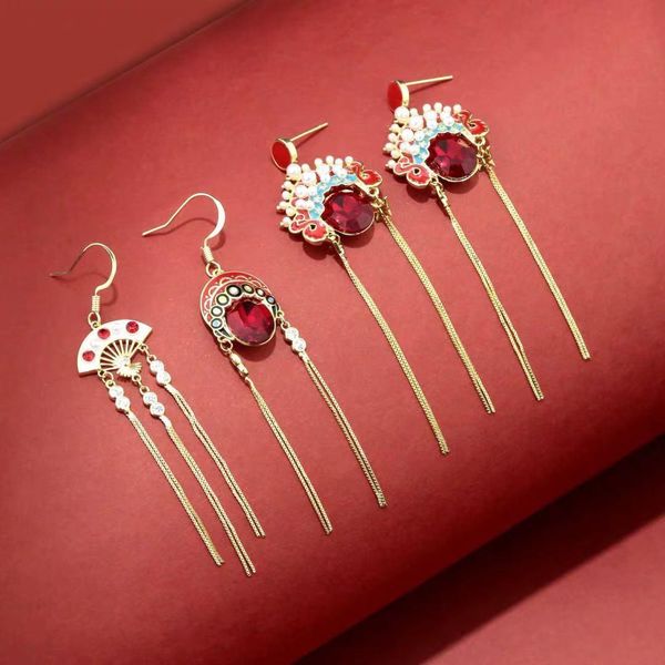 

chinese ethos peking opera facial earrings female sterling silver tassel long earrings dao ma dan red personalized earrings tide, Golden