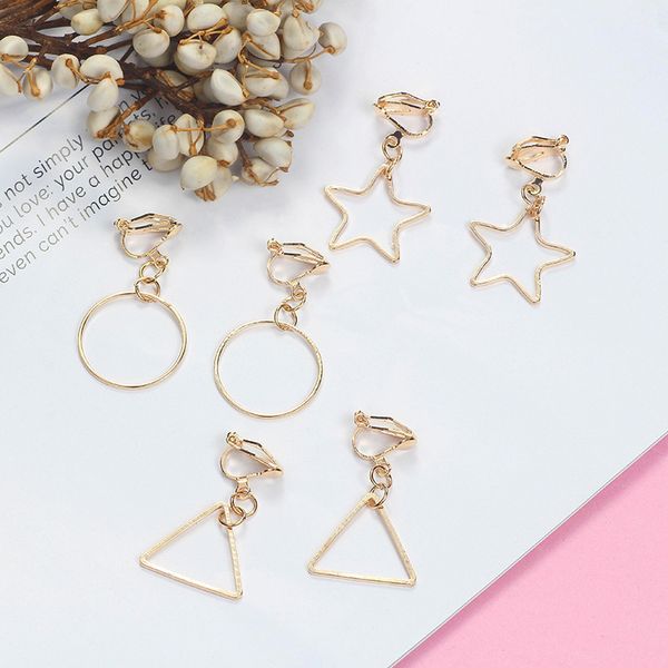 

korean-style dongdaemun elegant simple versatile cool geometry triangular pierceless circle star clip-on earrings ear stud, Golden;silver