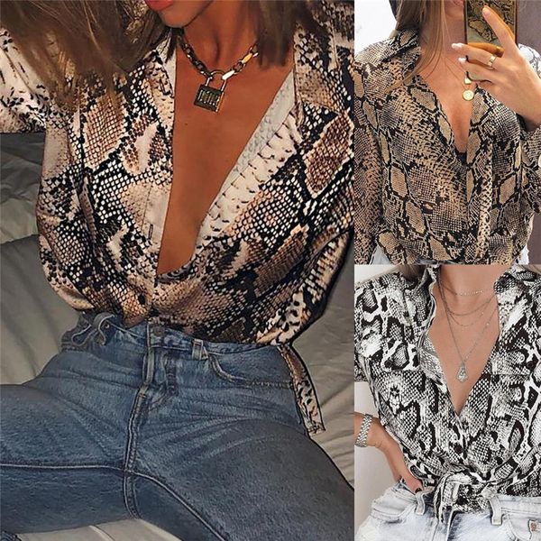

fashion women ladies snake skin print blouses casual long sleeve v-neck loose button shirts women clothing blouses 3styles, White