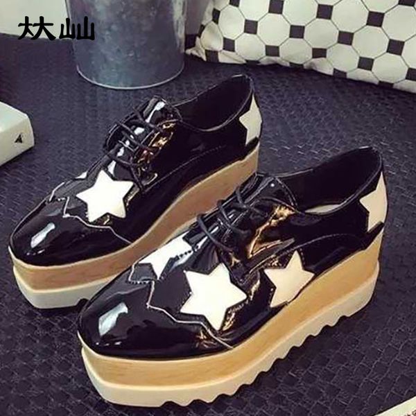 

bishen platform shoes women patent leather lace up flat oxfords shoes female star printed fashion autumn casual flat, Black
