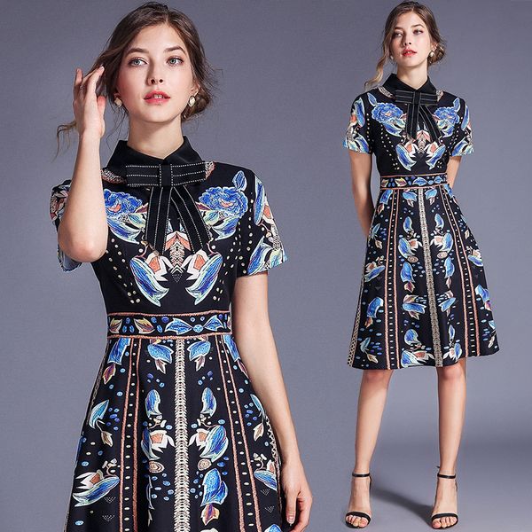 

runway women's vintage floral print button front turtle neck pleated dress elegant office ladies slim party evening dresses, Black;gray