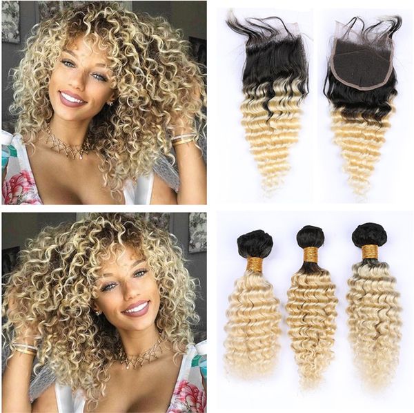 613 Loira Ombre Cabelo Brasileiro Onda Profunda Pacotes com Fechamento de Dois Tons 1B / 613 Raízes Escuras Loira Ombre Profunda Curly Ofertas de Cabelo Humano