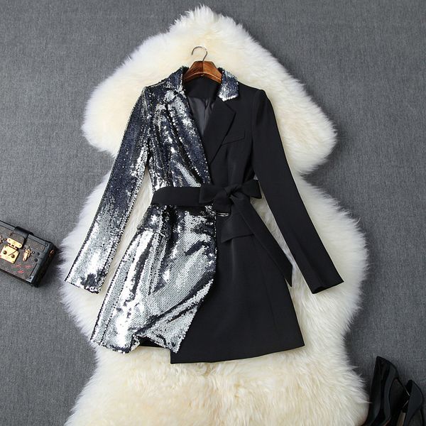 

2019 fall autumn long leeve notched lapel contra t color belted equin ingle brea ted fa hion blazer long outwear coat o06t10181