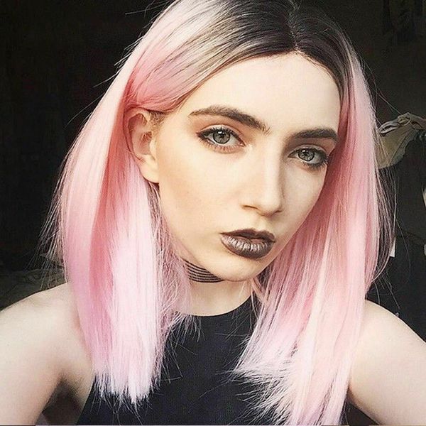 Women Short Curly Straight Wavy Synthetic Full Hair Wig Pink