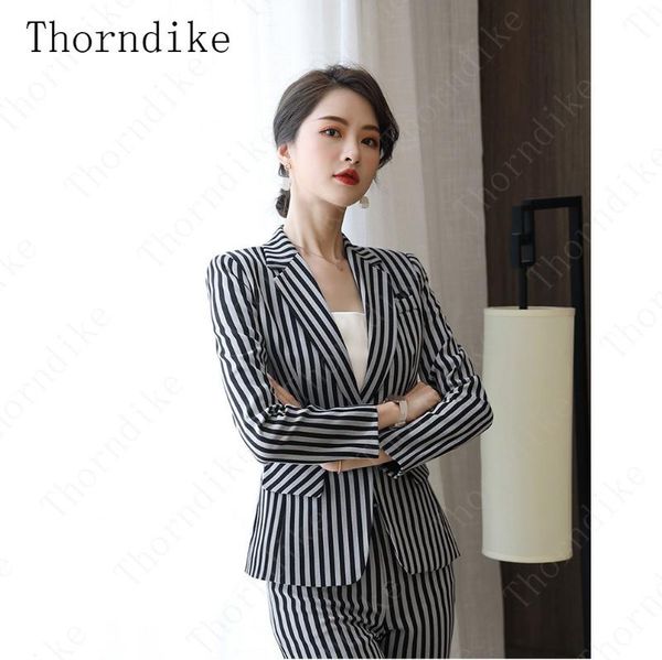 

thorndike spring autumn new womens suit casual temperament slim large striped suit jacket ladies slim trouser two piece set, White;black