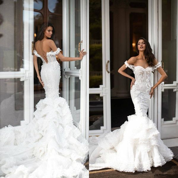 

2020 русалка свадебные платья поезд стреловидности кружева цветочные appliqued beads boho свадебное платье сшитое country свадебные платья с, White