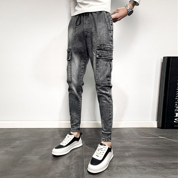 

brand new men's casual jeans spring autumn side pocket denim jeans pants men slim fit streetwear casual homme all match 36, Blue