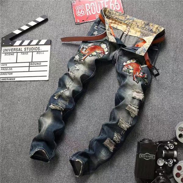 

men's popular hole print embroidery straight jeans 2018 brand design hole dj nightclub jeans feet pants a2, Blue
