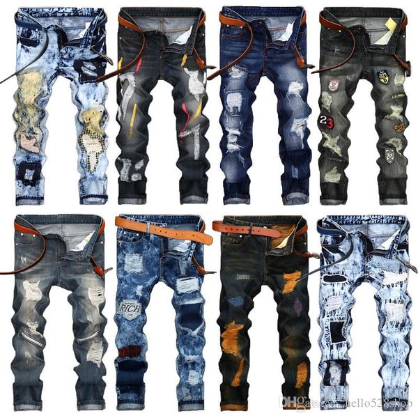 

fashion vintage mens ripped jeans pants slim fit distressed hip hop denim cool male novelty streetwear jean trousers sale