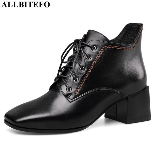 

allbitefo genuine leather square toe ankle boots autumn winter simple style women boots frenulum fashion, Black