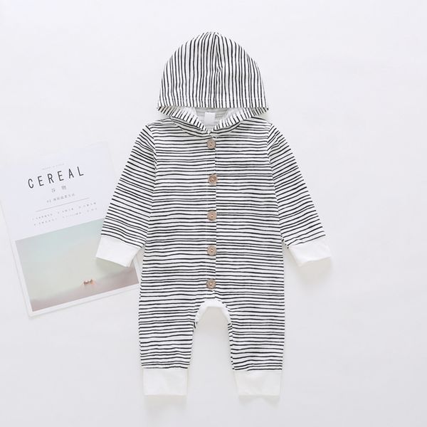 

boys girls autumn spring cotton newborn jumpsuit baby round collar grey long sleeves hooded romper striped creeping clothes, Blue