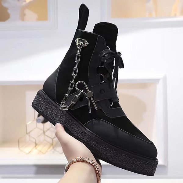 

fashion and quality 2 colors metal chain decor lace up high men shoes zipper flats platform sole women cusp casual shoes size 3, Black