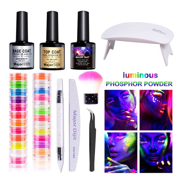 

nail 12 color series fluorescent luminous color powder nail polish baking lamp set painted ptherapy glue manicure tools kit