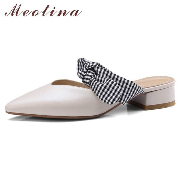 

meotina real leather mid heel mules shoes bow women shoes pointed toe block heels footwear ladies summer beige black big size 40