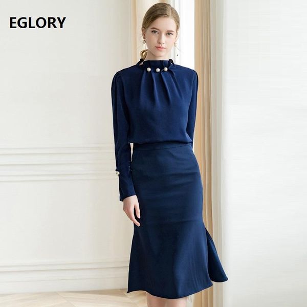 

two piece set 2019 spring summer fashion work skirt suit women beading stand neck flare sleeve blouse+mid-calf mermaid skirt set, White