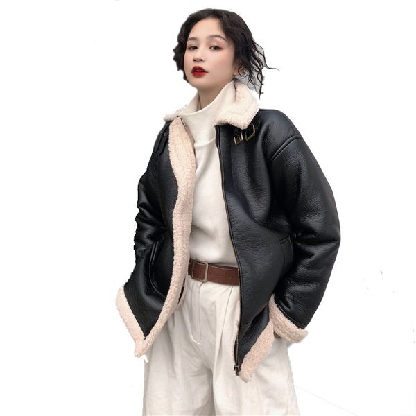 

spring winter fur motorcycle leather jacket vintage female loose bf pu jacket spliced leather for women plus size, Black;brown