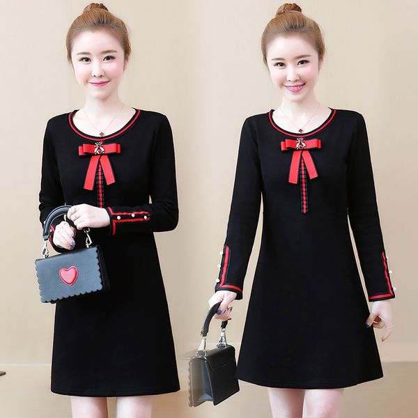 

5xl preppy style dress women 2019 spring new women dresses long sleeve o-neck loose dress plus size cute teenage school, Black;gray