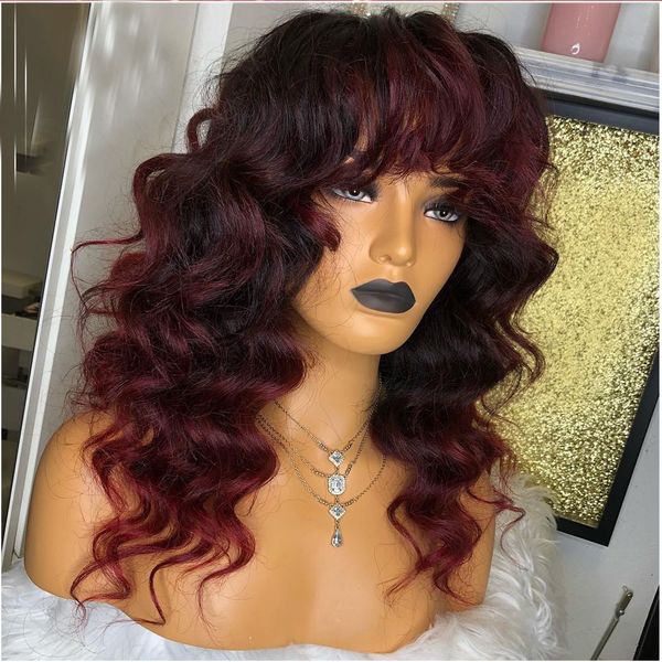 

body wave 99j burgundy ombre red 13x4 lace front human hair wigs with bangs pre plcuked brazilian remy fringe wig full lace wig, Black