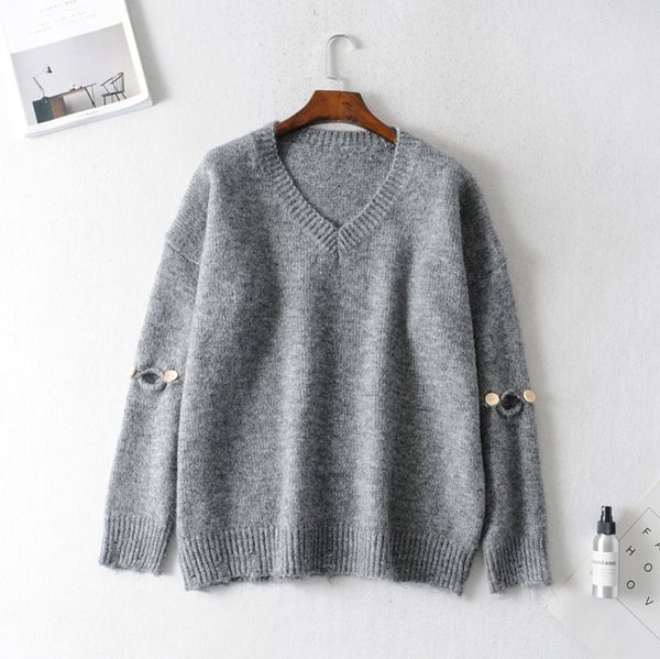 

women's v-neck pure color sweater lady autumn sleeve button hollow out sweater casual female pullovers chic tb3445, White;black