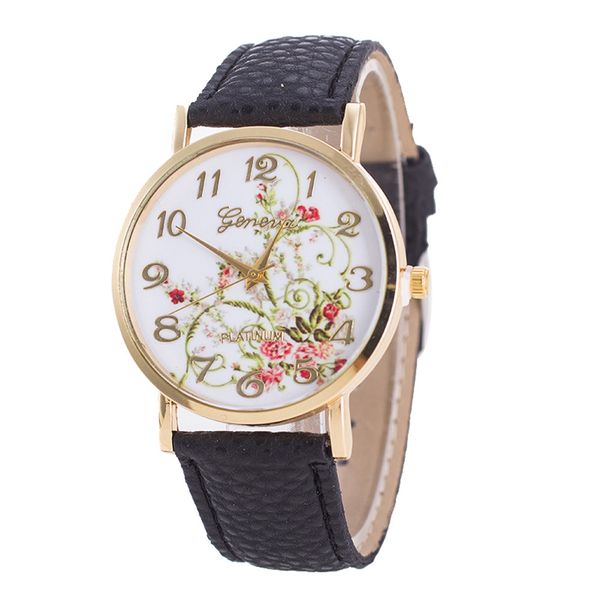 

geneva fashion flowers pattern women watches selling pu leather wrist watches gift casual students quartz watch, Slivery;brown