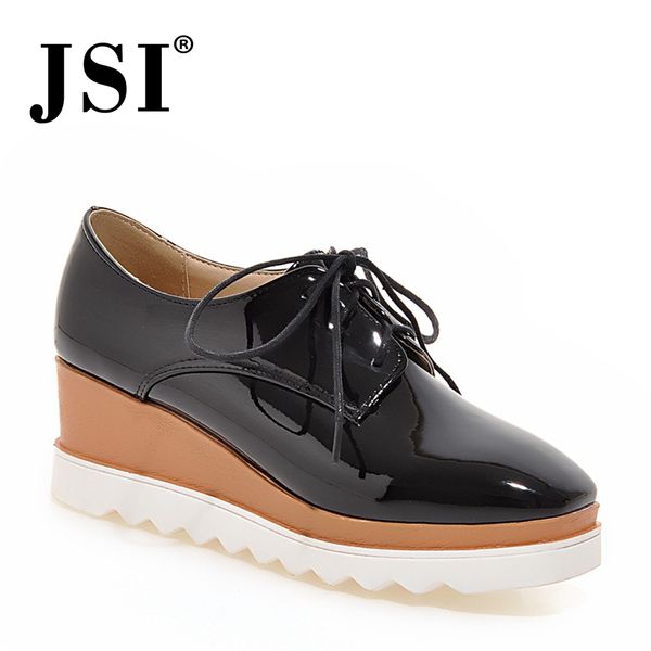 

jsi women shoes square toe lace-up solid microfiber ladies shoes shallow spring autumn chunky platform casual women flats je171, Black