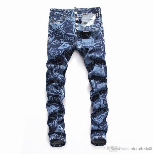 

tide brand slim micro-elastic personality mens jeans wild fashion casual mens pants light blue hole print high-quality mens ripped jeans