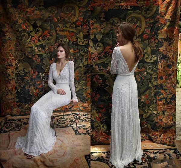 

lihi hod lace 2020 new wedding dresses long sleeves deep v neck backless bridal dress sweep train custom made spring beach wedding gowns 88, White