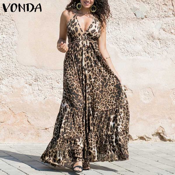 

vonda women leopard dress 2019 summer spaghetti strap ruffle swings maxi long dress plus size sleeveless party vestido 5xl, Black;gray